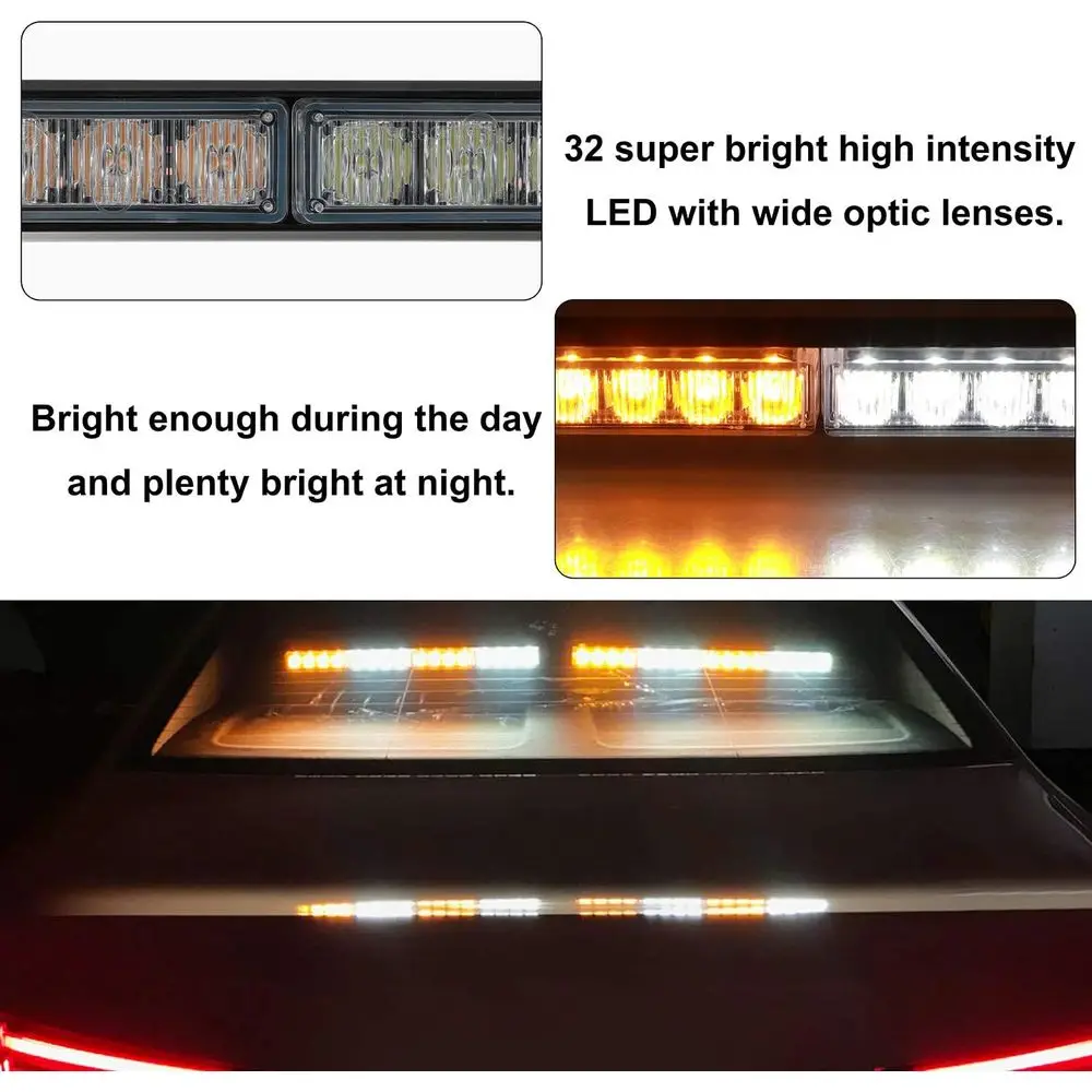 Barra semaforo stroboscopico LED ambra/bianco di emergenza, 32 LED, 26 modelli flash, lunghezza 16,8