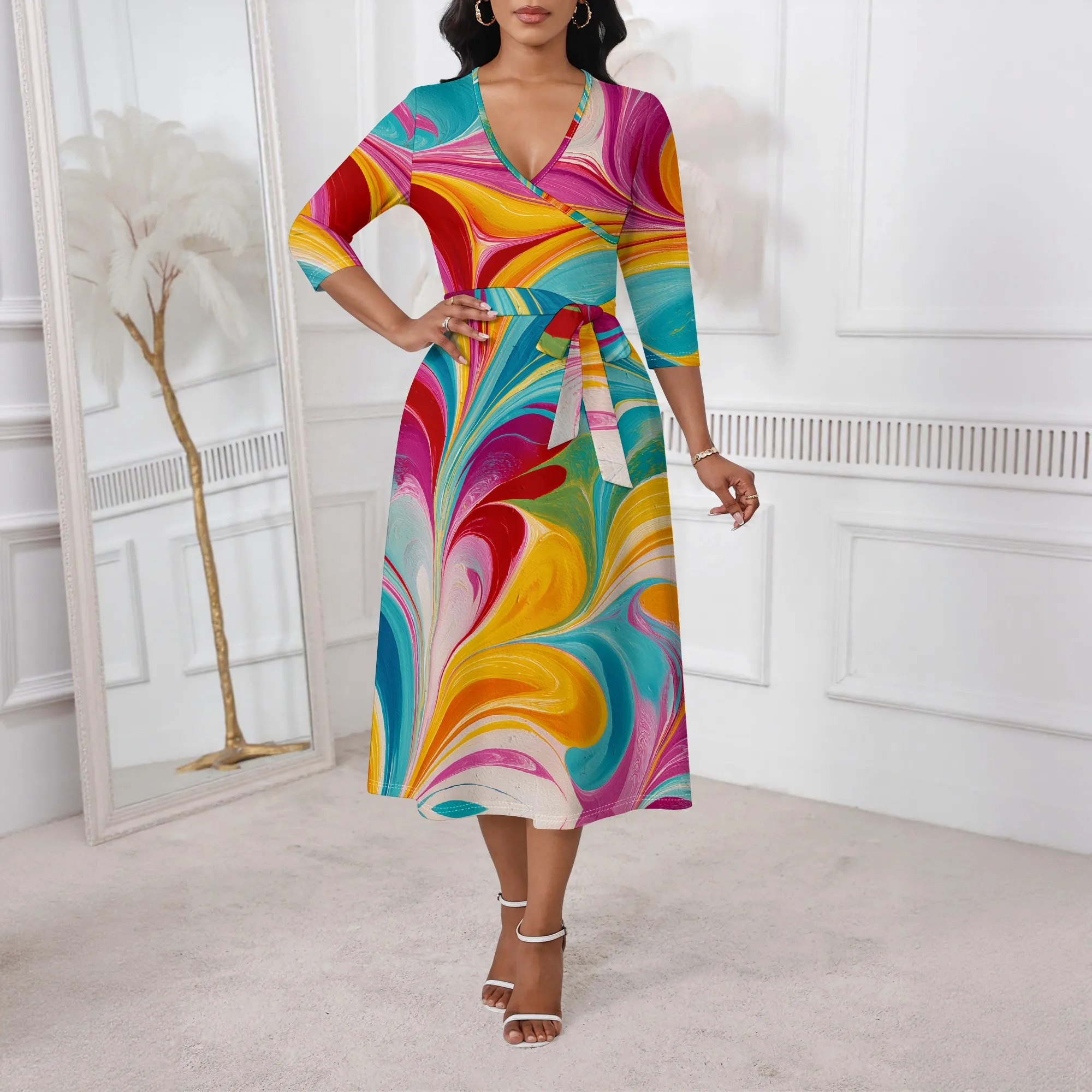 

Colorful Marble Wrap Dress for Women XS-3XL V-Neck Belted A-Line Style for Brunch, Vacation or Pride Month Celebration