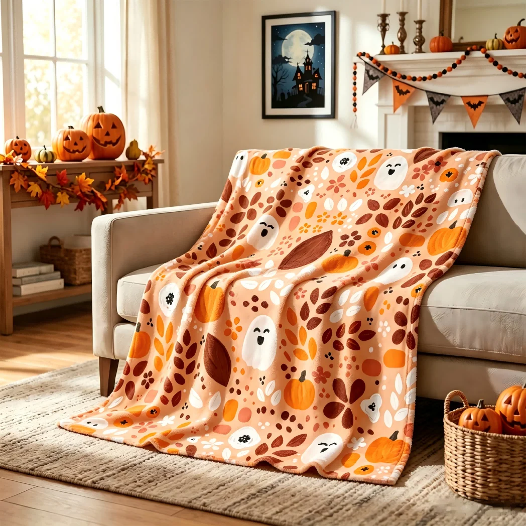 1pc Cute Ghost Leaves Blanket for Couch Soft Cozy Blankets Gift Halloween X-mas Flannel Blankets Festival Gifts Four Season Use