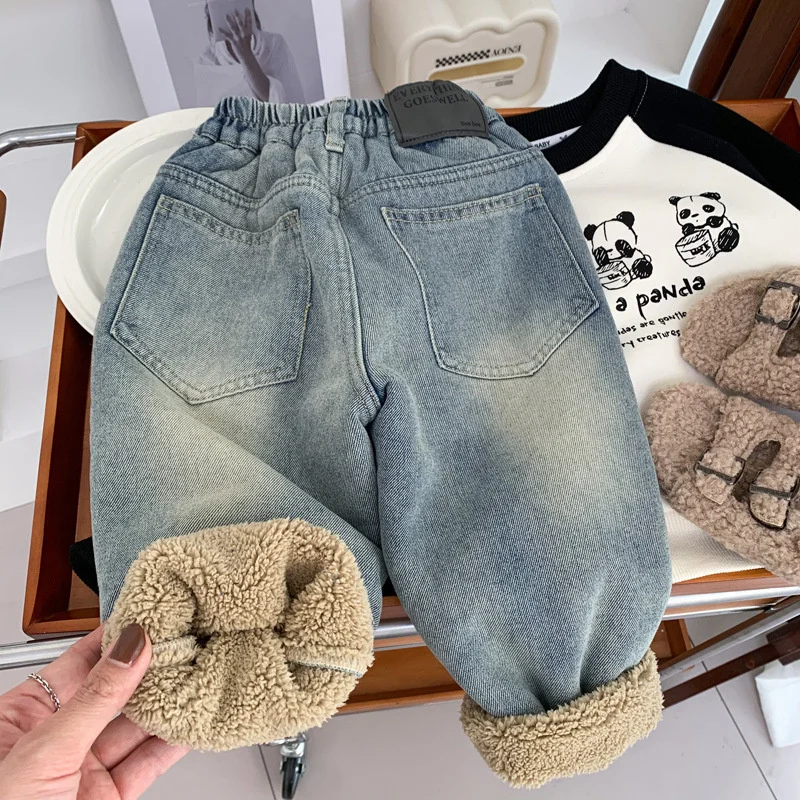 

Children's Fleece-lined Jeans Boys Girls Plush Velvet Denim Pants New Kids Winter Thickened Warm Trousers Infant Clothing 2-8Y