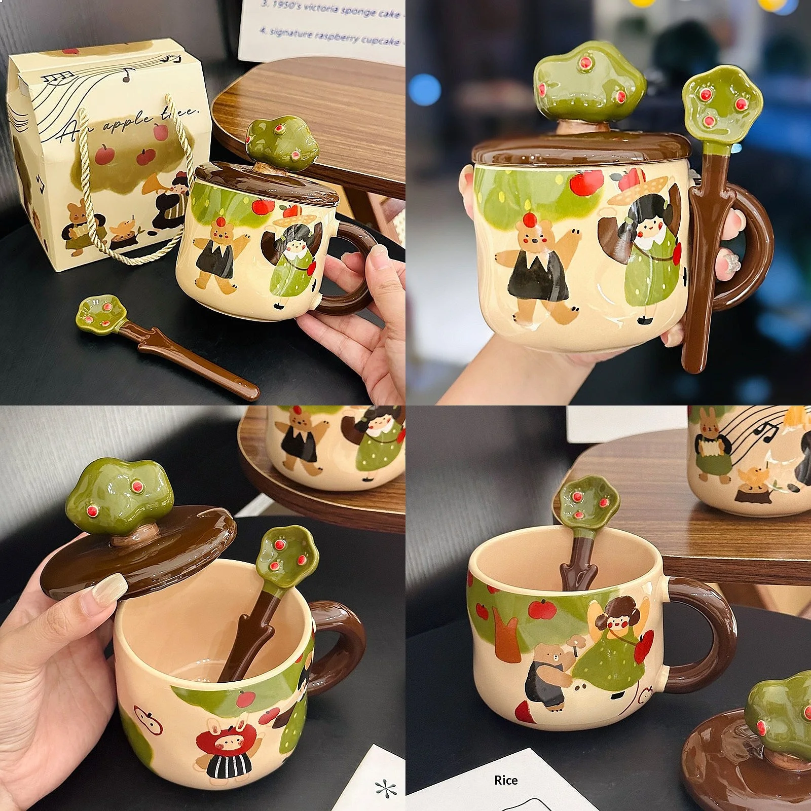 

Cute Cartoon Apple Tree Ceramic Mug With Lid And Spoon Creative Easter Gift Home Water Cup Tea Coffee Drinkware Set