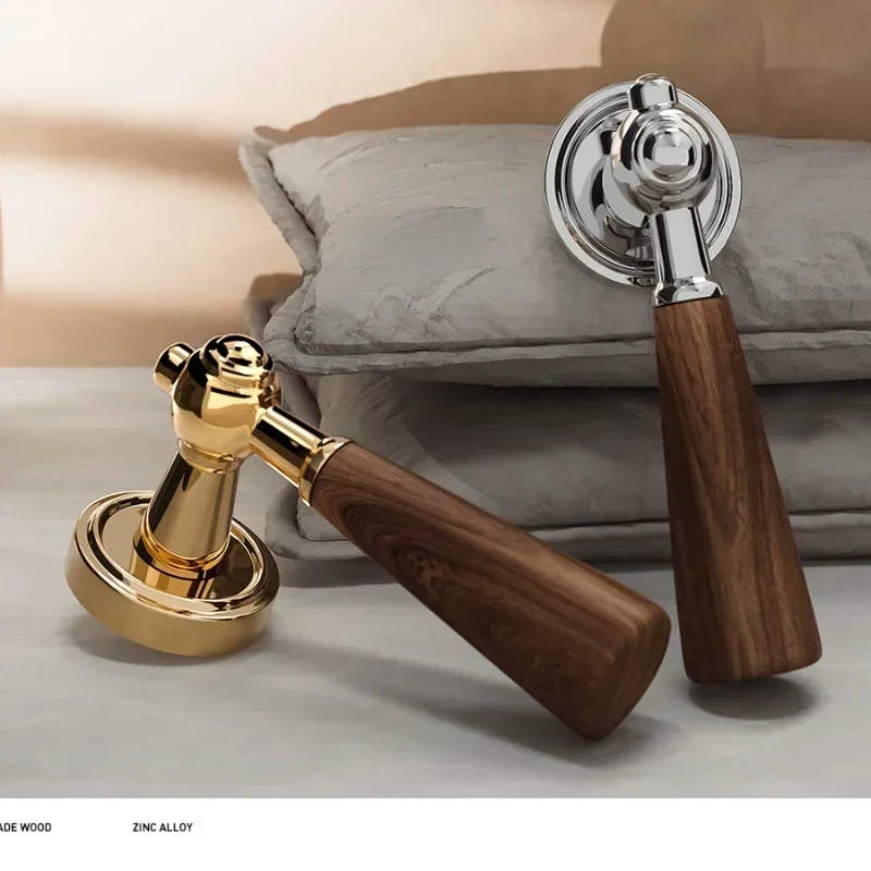 

New 2026 Silent Door Lock Walnut Indoor Retro Solid Wood Door Handle Suction Hinges Fit 35mm-50mm Thick Household Universal