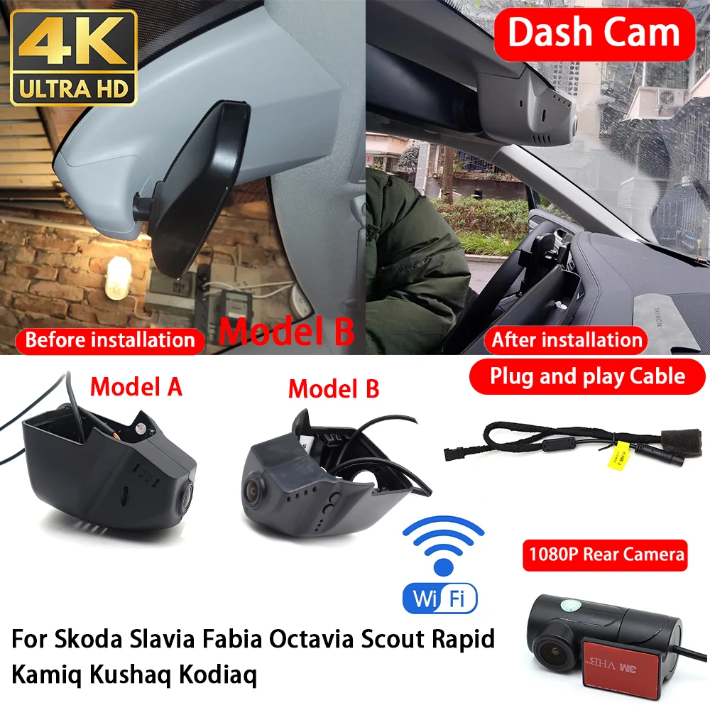 for Skoda Slavia Fabia Octavia Scout Rapid Kamiq Kushaq Kodiaq 4K Dash Cam Front Rear Car Camera Wifi Plug & Play Video Recorder