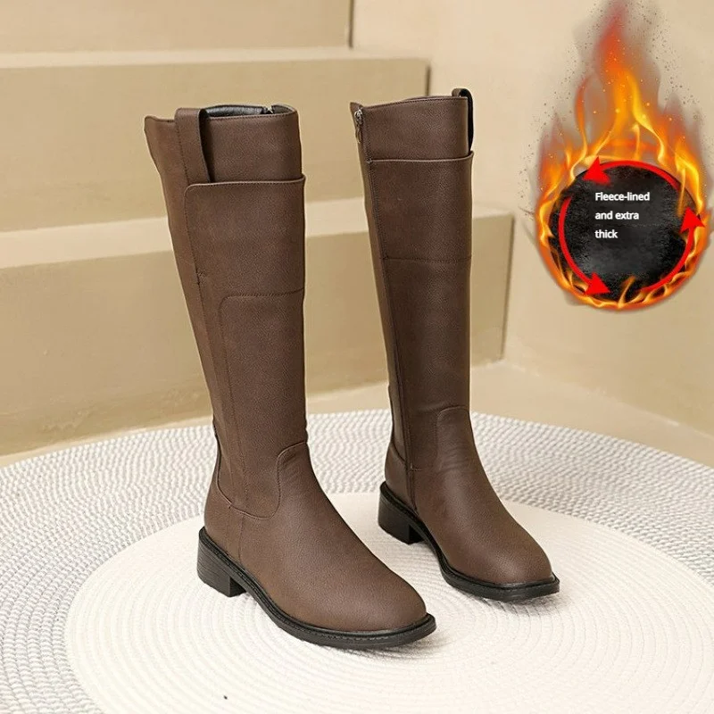 

TLXT 2025Women's Long Boots French Knee-high Elastic Boots Autumn and Winter Slip on Round Toe Thick Heel Slim Knight Boots