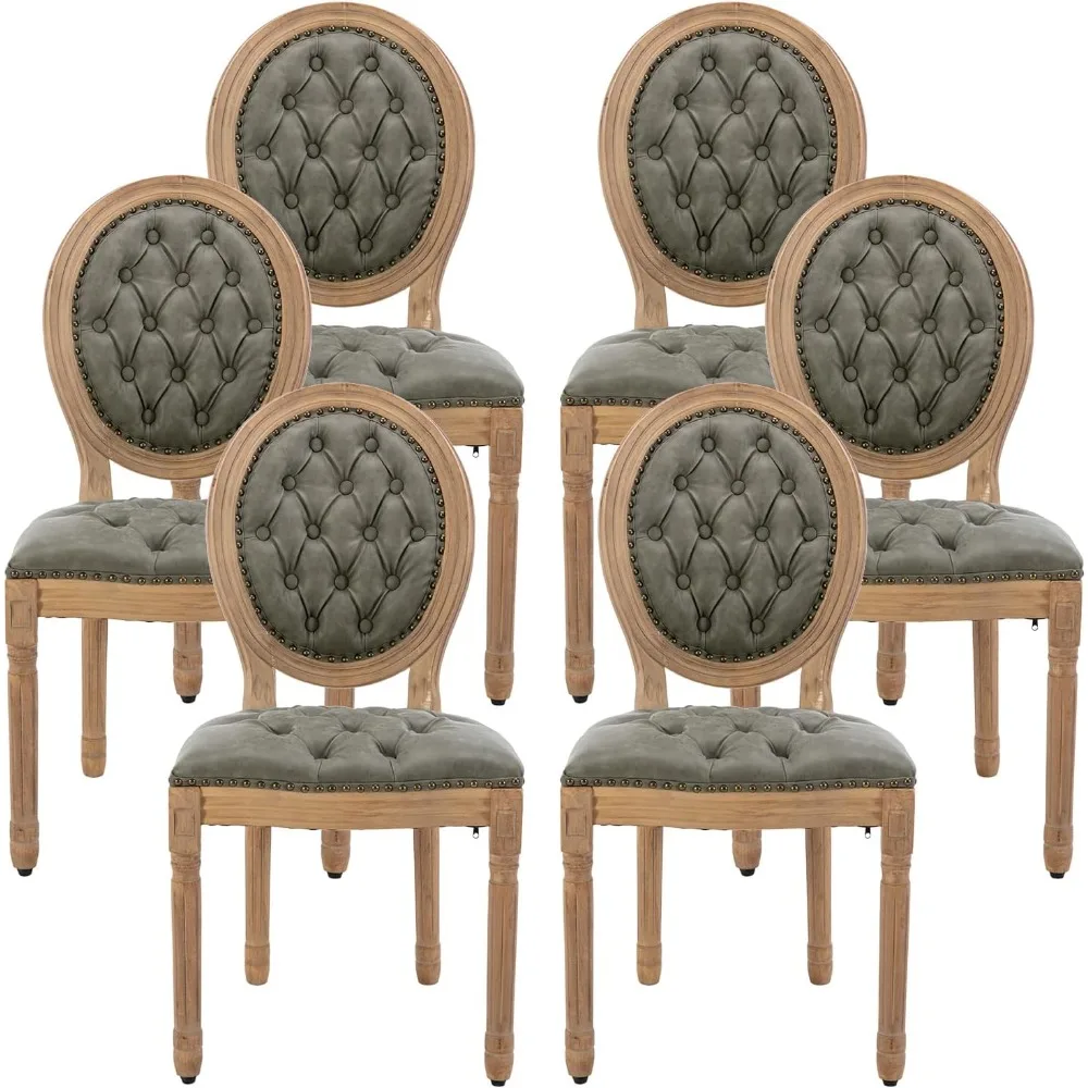 

French Country Dining Chairs Set of 6 , Vintage PU Leather Dining Chairs with Tufted Round Back