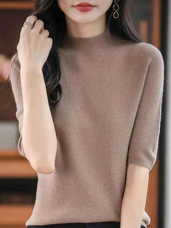 Women's Knitted Five-Quarter Sleeve Top Half-High Collar Overhead Style Ultra-Thin Outerwear Soft Regular Fit Fine Gauge