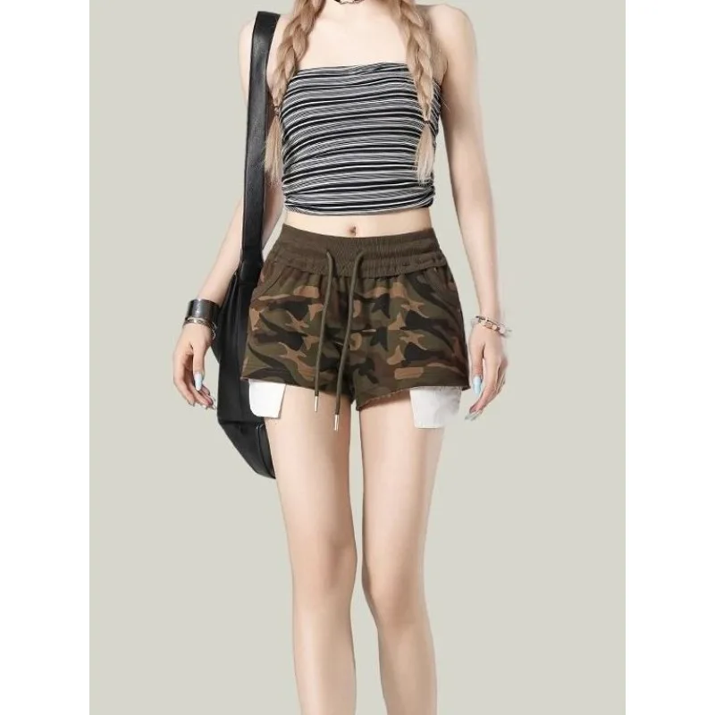 New Y2k Spice Girl Camouflage Drawstring Denim Shorts Women High-waisted High Street Hip-wrapped Hot Pants Booty Shorts