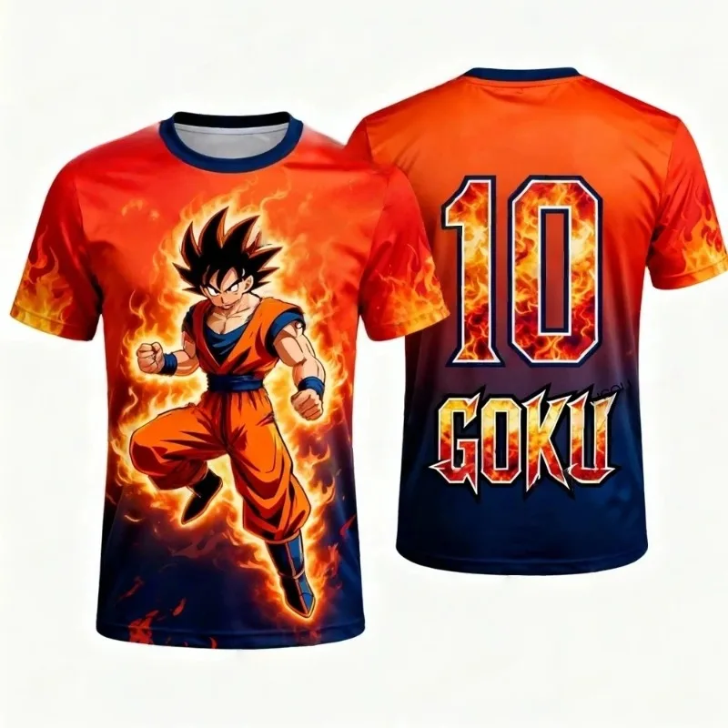 Summer Dragon Ball Goku Red Flame Football Shirt Multiple Fashionable Casual Sports Shirts for Adults Children Plus-size T-shirt
