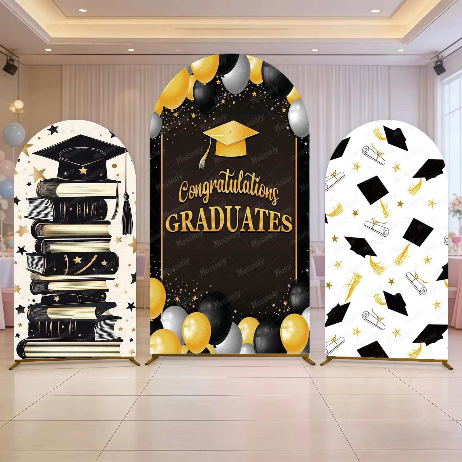 

Graduation Arch Cover Background 2026 Black Gold Bachelor Hat School Student Photo Balloons Party Decor Arched Backdrop Props
