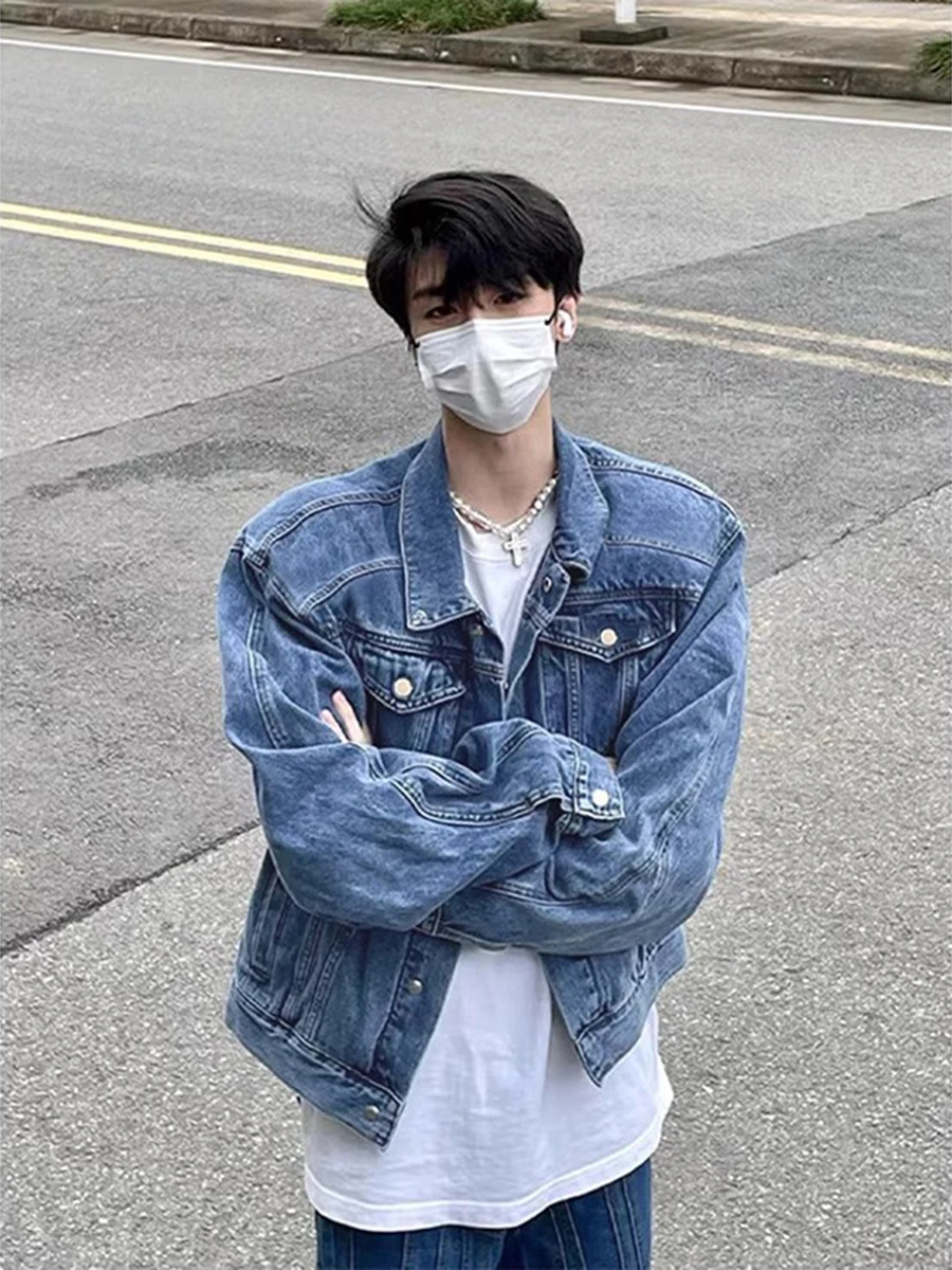 

Синяя джинсовая куртка с подкладкой на плечах для мужчин, весна-осень, стильная, свободного кроя, молодежная, трендовая, 100% хлопок