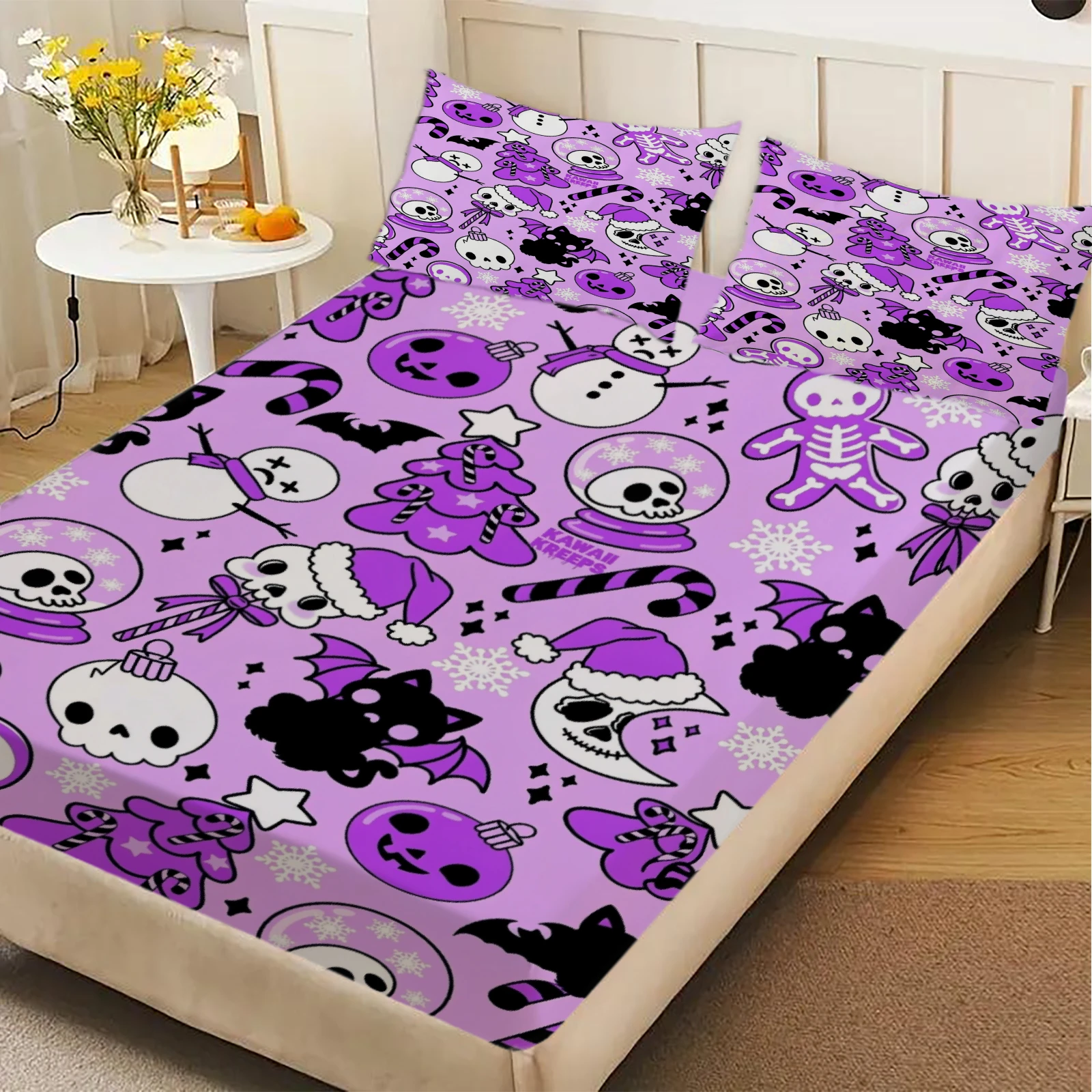 Christmas Fitted Sheet, Pastel Purple Xmas Skull Bat Snowman Ginger Skeleton Print Deep Pocket Bed Fitted Sheet, No Pillowcase