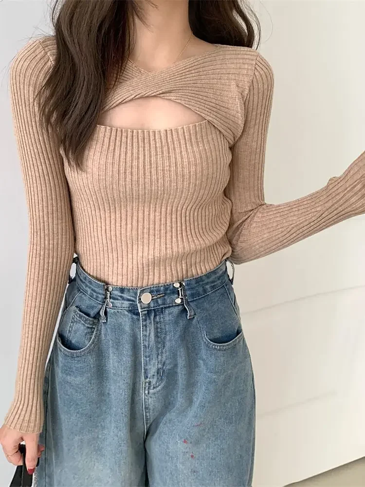 ITOOLIN Autumn Winter Women Long-sleeved Knitted Streetwear Jumpers Sweater Casual Cashmere Pullovers Women Solid Sweater 2023