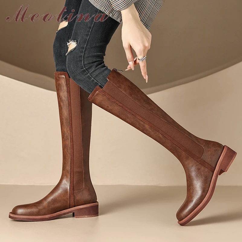 

Meotina Women Genuine Leather Knee High Riding Boots Round Toe Flat Zipper Ladies Fashion Long Boot Autumn Winter Shoes Brown 40