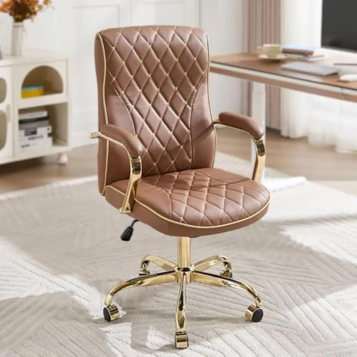 Elegant white and gold faux leather executive chair with diamond-quilted backrest, ergonomic lumbar support, 360-degree swivel,