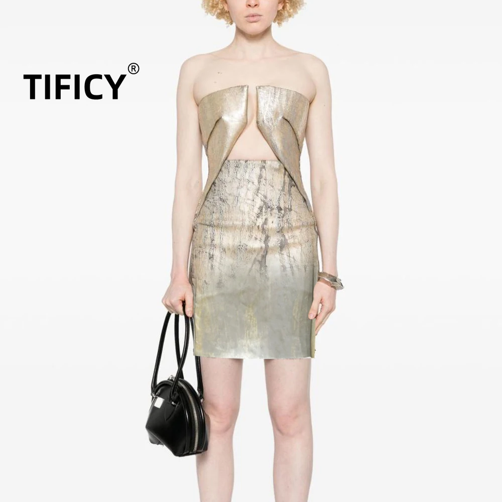 

High Street Party Dresses Women's Metallic Glossy Textured Camisole Hollowed Out Cutting and Fashionable Strapless Dress