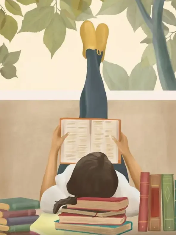 Whimsical Book Lover Wall Art Print, Woman Reading Among Books Under Tree, Calm Boho Reading Nook Decor Poster