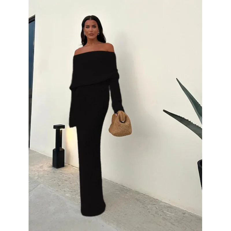 Sexy One Shoulder Knitted Slim Fit Chic Holiday Party Women's Dress Fashion Shawl Long Sleeve Elegant Female One Step Long Dress