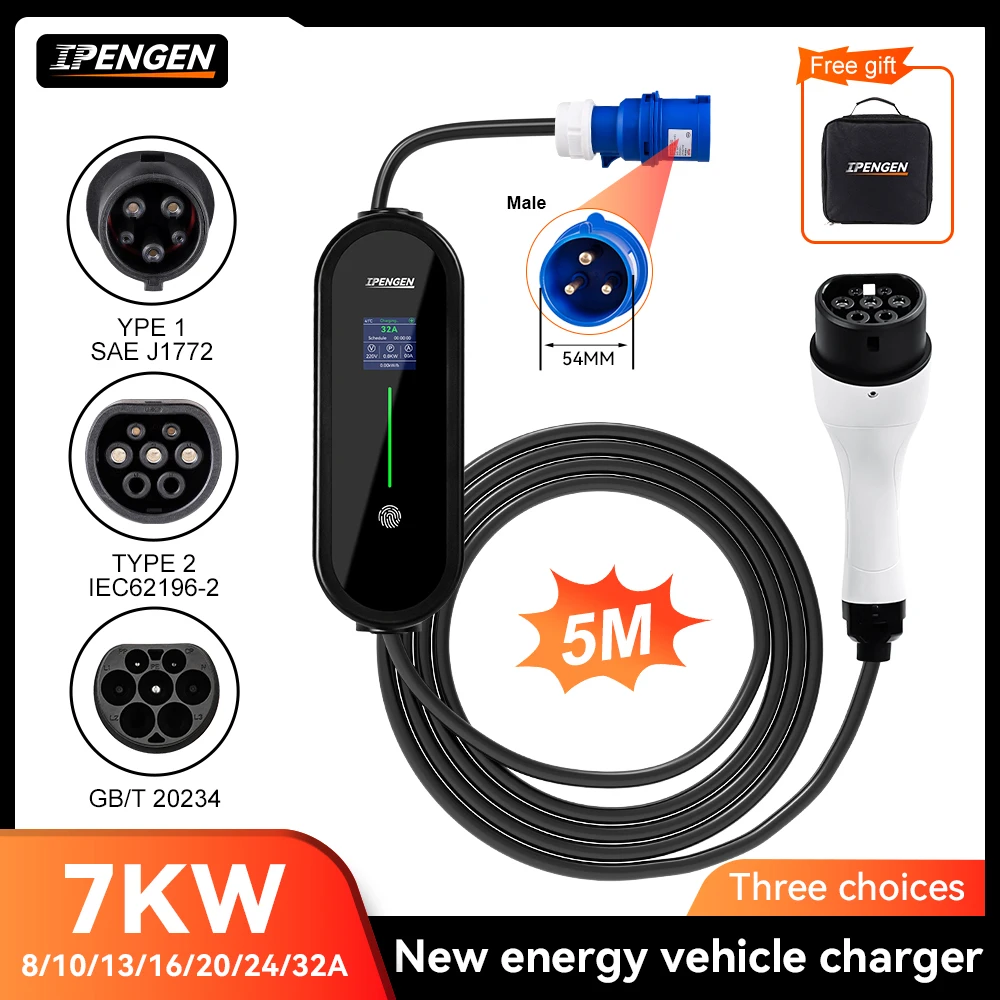 

IPENGEN 7KW Portable EV Charger 5M Cable Type2 IEC62196/ GB/T Connector 32A 1Phase Type1 Wallbox Charging for Electric Vehicle
