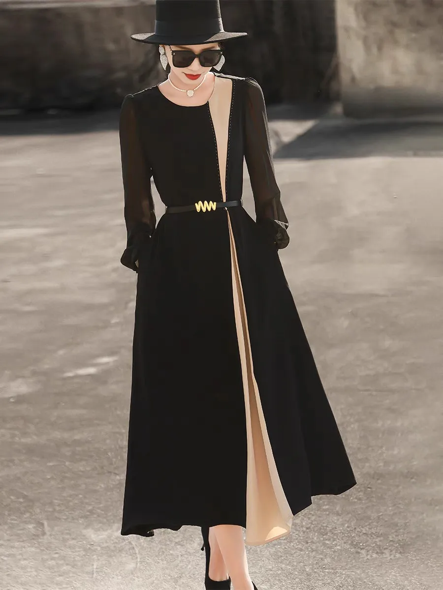 Temperament high-grade sense  color patchwork long sleeve lace-up black dress