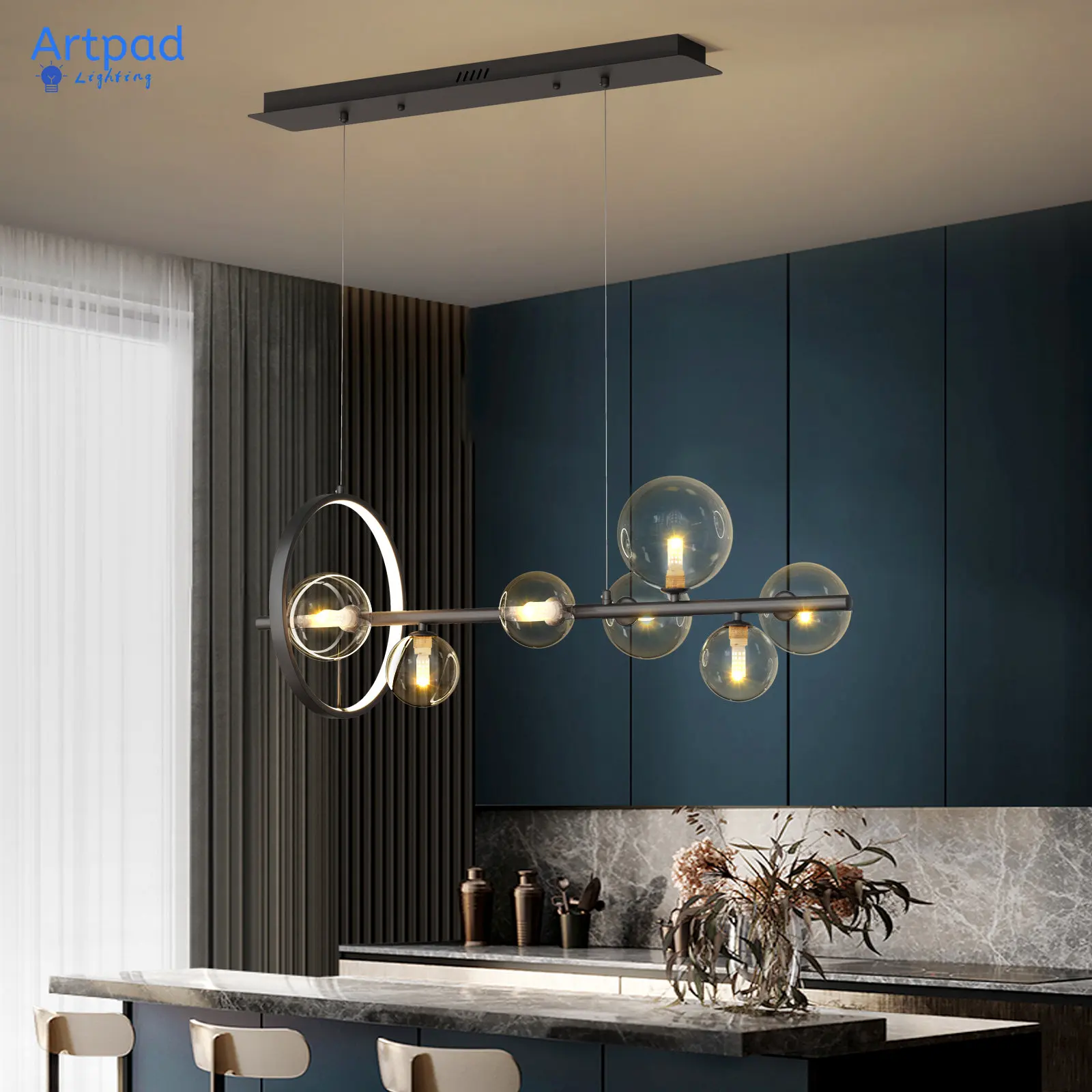 Lampadario moderno in oro lucido Illuminazione a LED Paralume a bolle di vetro nordico per sala da pranzo Lampada a sospensione a sospensione nera