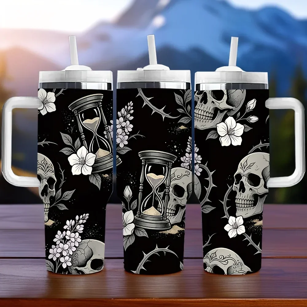 40oz Long Lasting Insulated Tumbler with Handle, Skull Flower Hourglass Print, Perfect Holiday and Birthday Gift, Suitable for Daily Use and Outdoor Scenarios