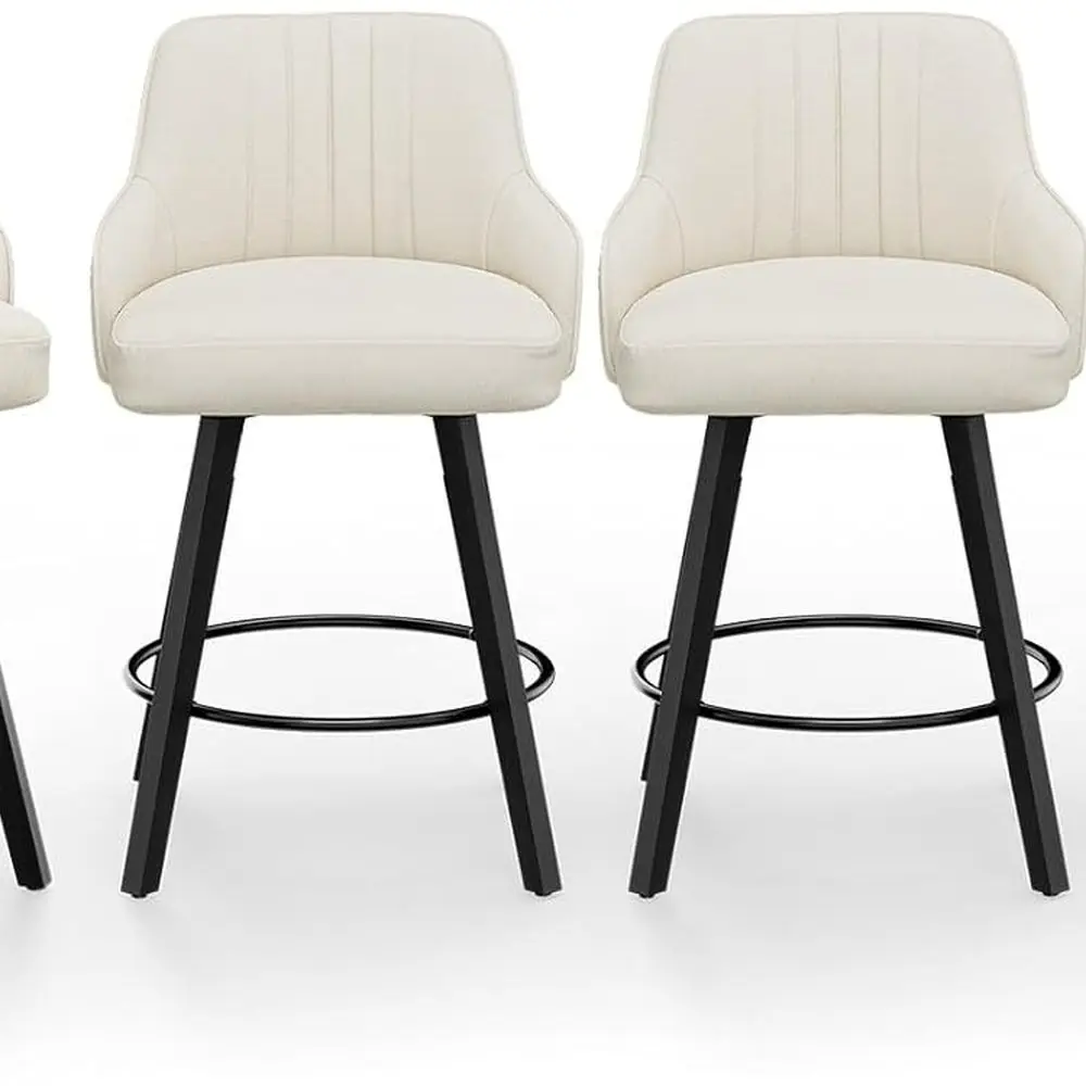 

Set of 4 26 Beige Linen Swivel Bar Stools with Cushion, Back Support, Solid Wood Legs for Kitchen Counter