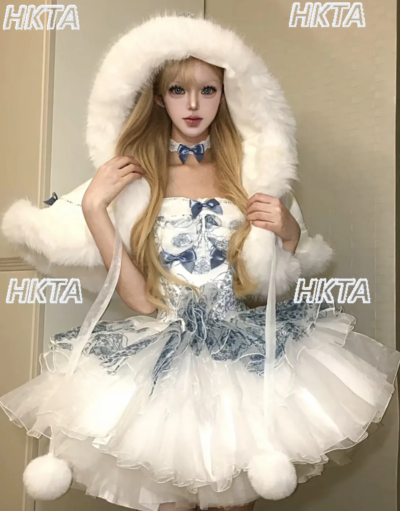 

Sweet White Cape Hooded Jacket Winter Elegant Art Birthday Tube Top Slim High Waist Temperament Princess Dress Ball Gown Women