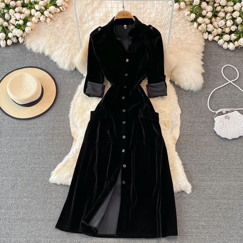 

French Style Women Black Velvet Dress Autumn Winter Fashion Single Breasted Cardigans Long Dress Female Skinny Pockets Dress