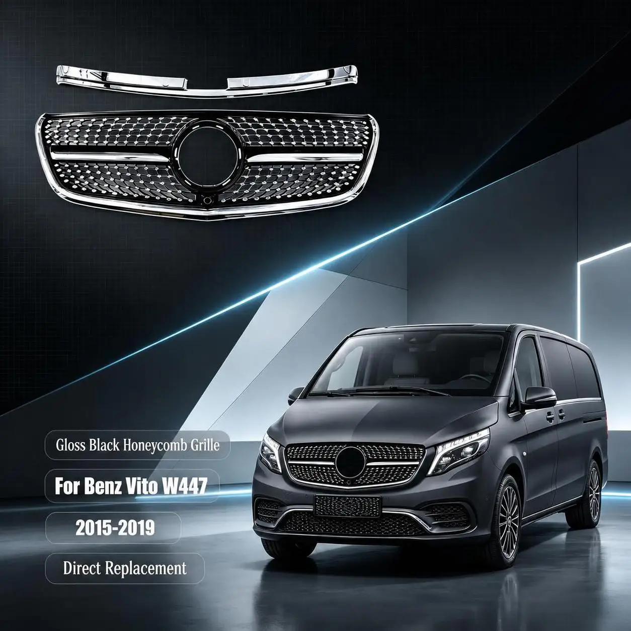 Glänzend Schwarzer Frontgrill für Mercedes V-Klasse Vito W447 2014 2015 2016 2017 2018 2019 2020 Wabenförmiger Frontgrill-Ersatz
