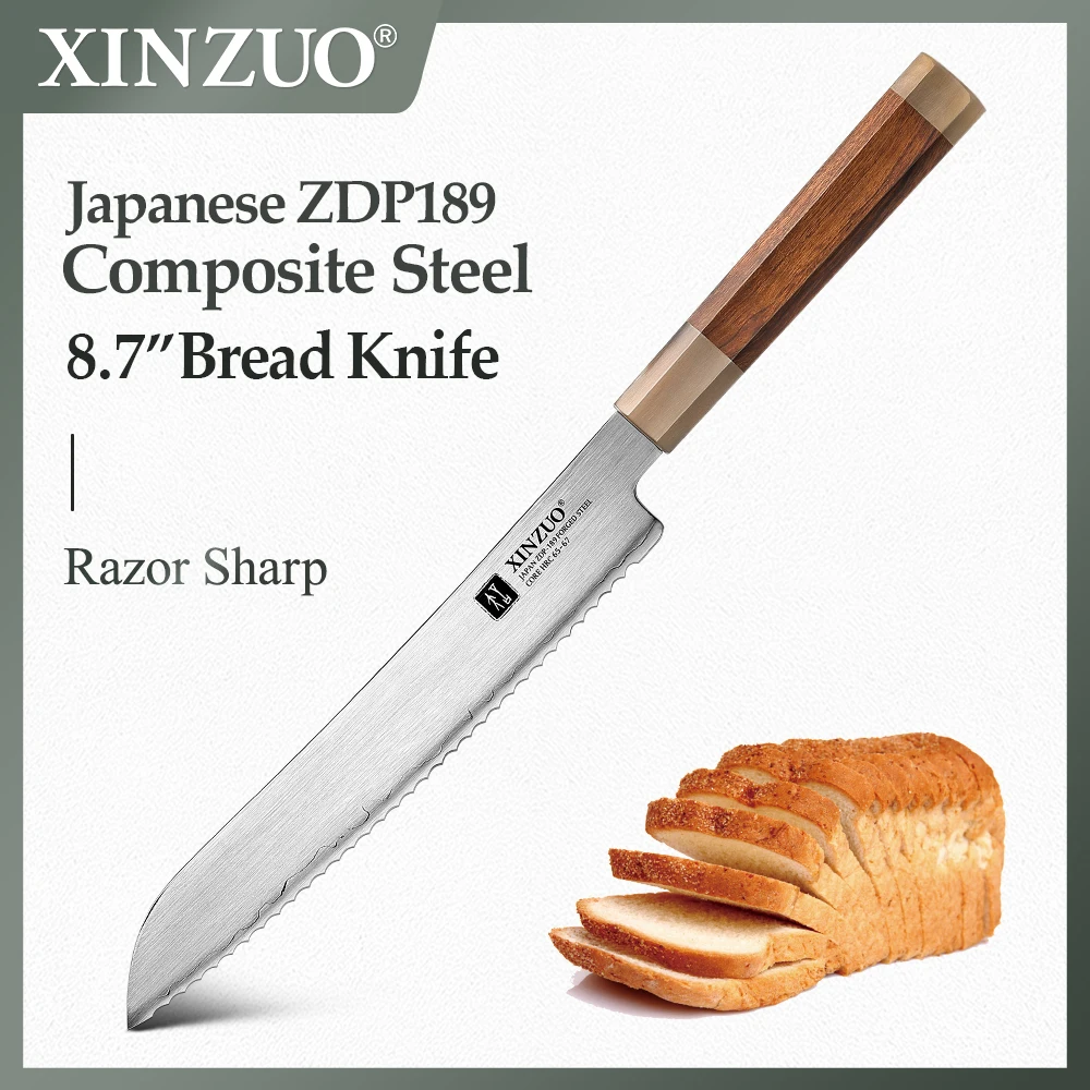 

XINZUO 8.7” Inch Bread Knife Composite Steel Steel Of Japanese Origin 65-67HRC Bread Slicing Knife Desert Ironwood Handle