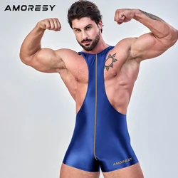 AMORESY Men's Satin Glossy Quick-drying Breathable Cycling Shorts Fitness Smooth Tights Bicycle Overalls Suspender Vest Leotards