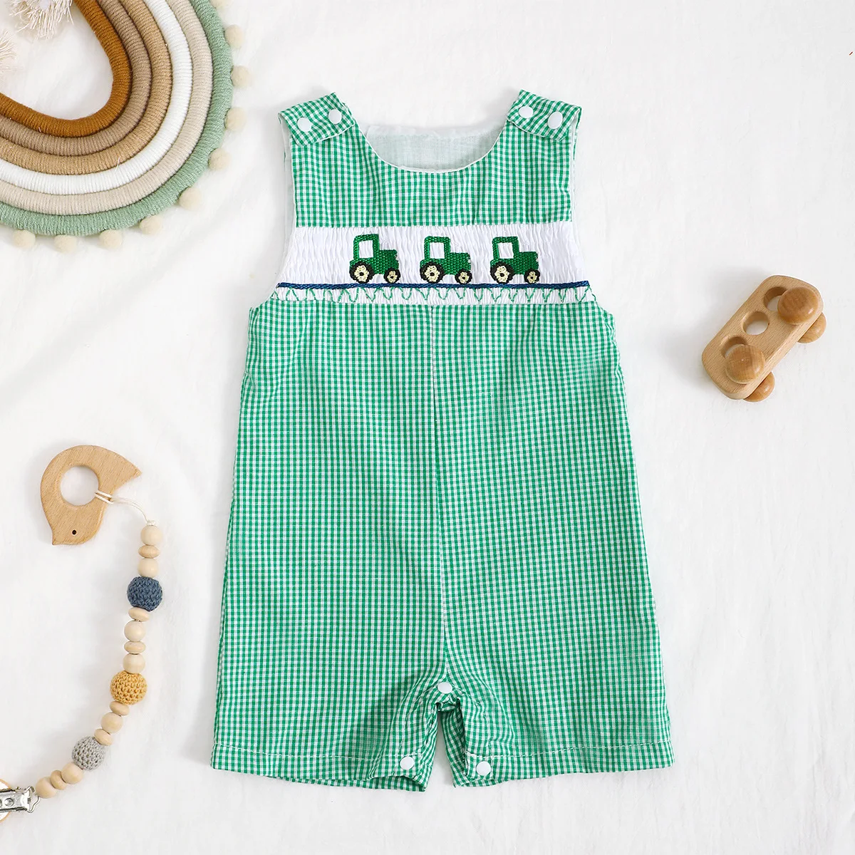 Baby Girl Boy Embroidered Checkered Overalls Boutique Smocked Design Cartoon Jumpsuit Summer Casual Sleeveless Toddler Clothing