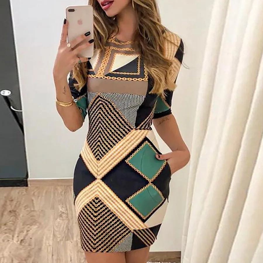 

Womens Dresses 2025 Summer New Fashion Geometry Print Pocket Design Casual Round Neck Short Sleeve Slim Fit Daily Mini Dress