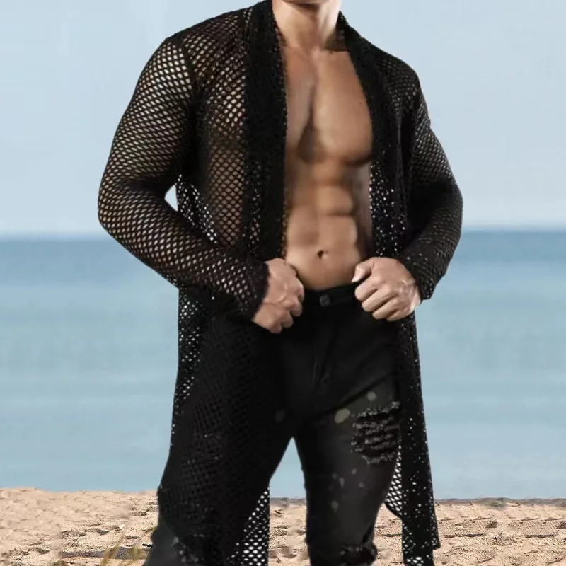 Black Sexy Men's Big Size Shawl Hollow Medium Long Cardigan Mesh See Through Long Sleeve Shirt Top Summer Jacket Mens Shirt New