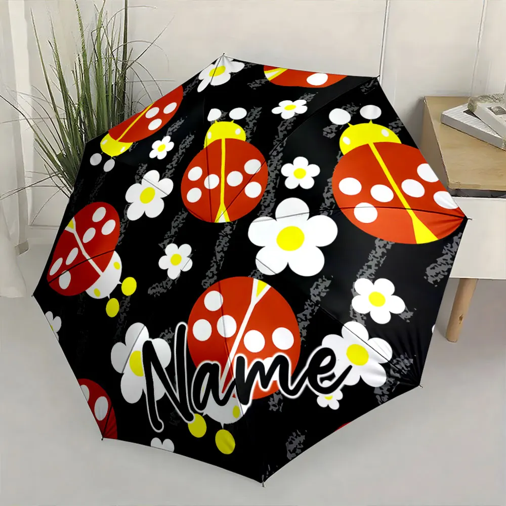 Custom Name Umbrella Ladybug and Daisy Pattern Umbrella Print 8 Iron Ribs Folding Umbrella Auto-Open Fashion Sunshade