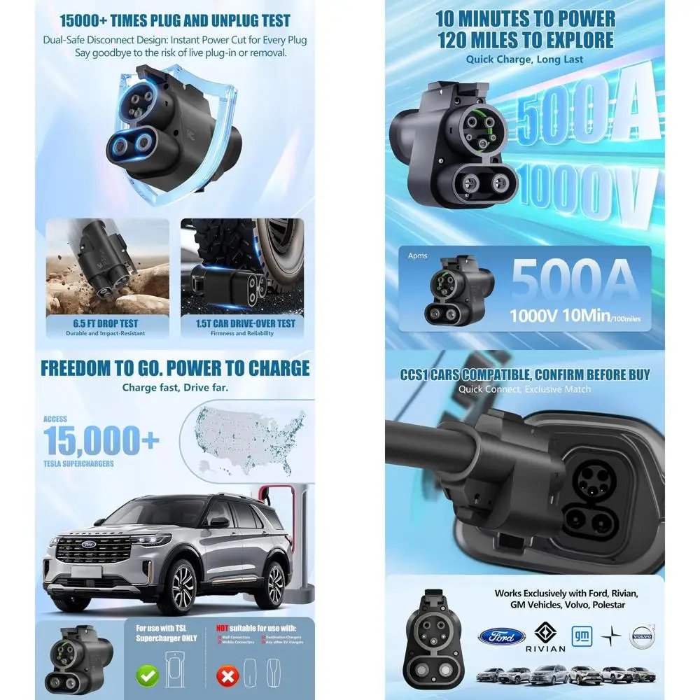 محول NACS إلى CCS، محول السيارة الكهربائية المتوافق مع شواحن Tesla Superchargers، Max 500A/1000V مناسب لسيارات Ford/VoIvo/GM EV (5 سنوات