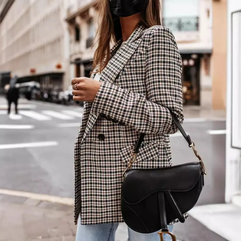 

Women's Retro Double-Breasted Plaid Printed Mini Suit Jacket Autumn Winter Outerwear European American Style