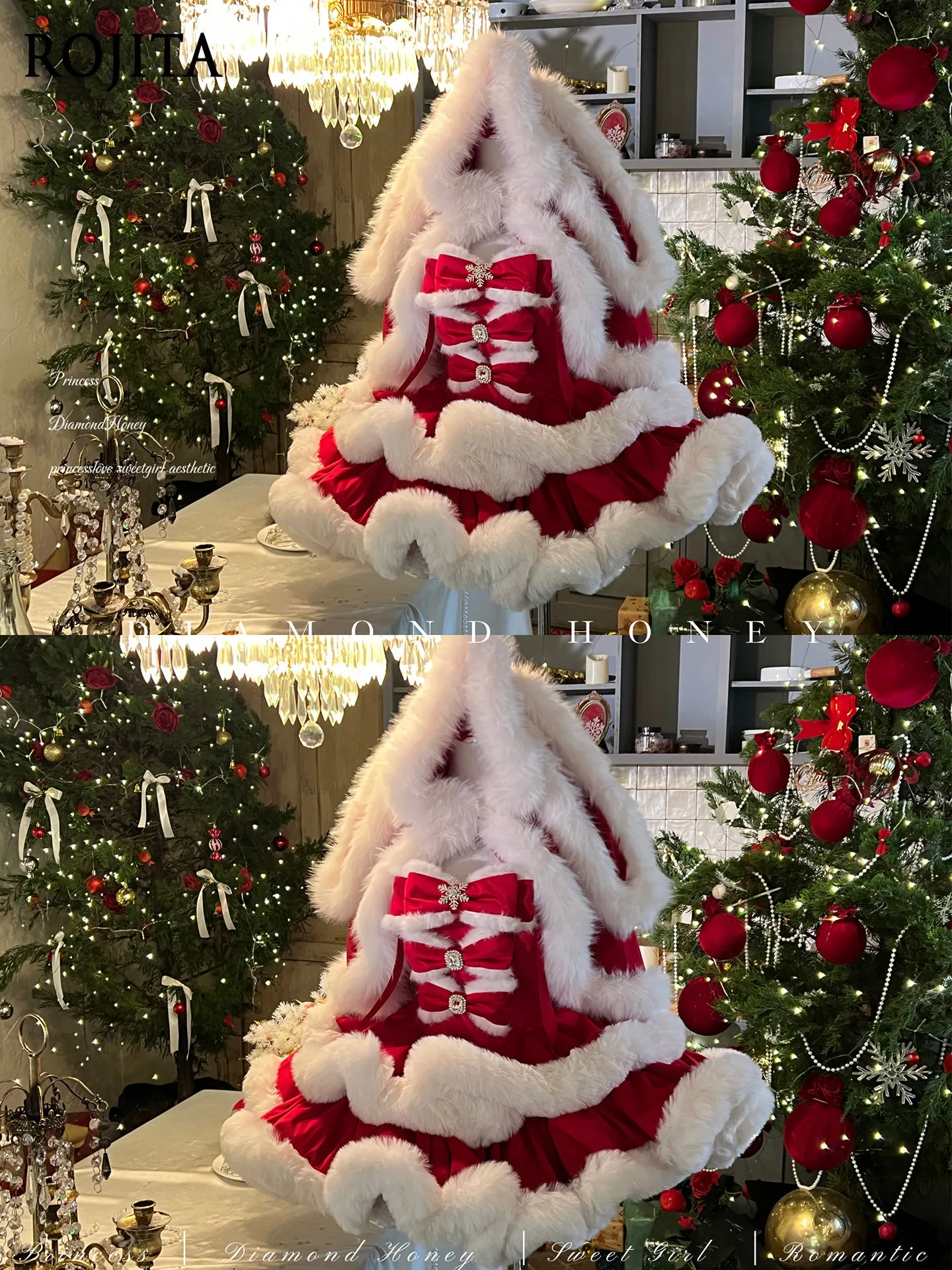 

Festive Princess Dress Angora Rabbit Ears Red Cape Festival Battle Robe Christmas New Year Atmosphere Birthday Dress for Women