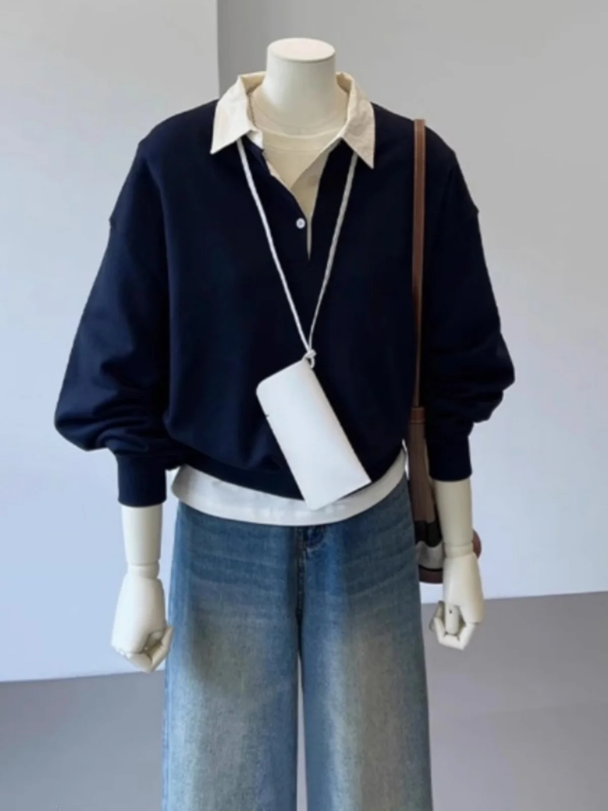 

Loose Fit Hoodie Women's Korean Style Patchwork Collar Long Sleeve Autumn Winter Color Casual Comfortable Innerwear