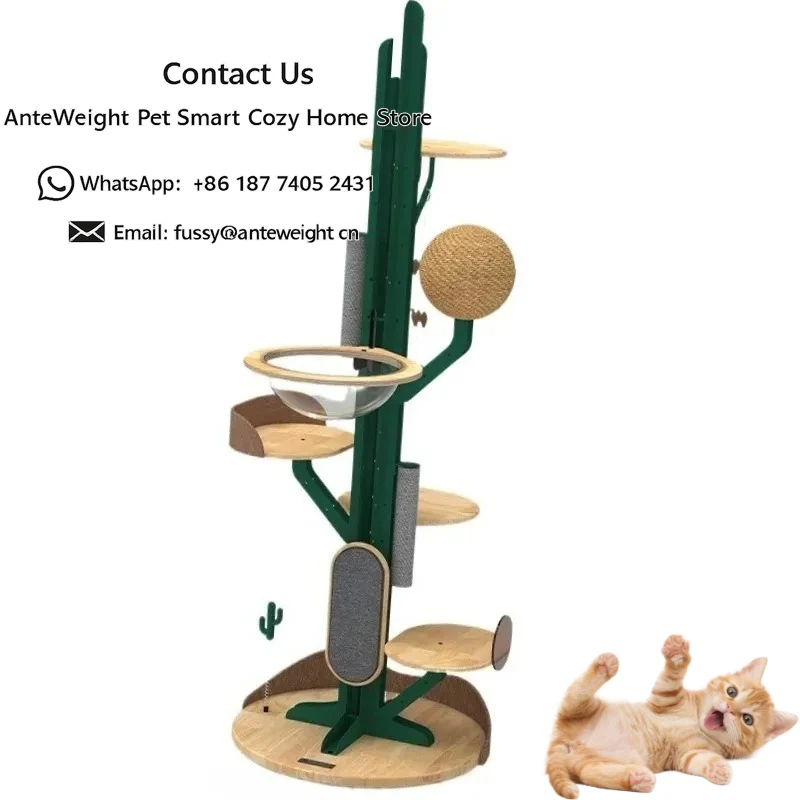 

2026 Solid Cactus Design Solid Wood and Iron Cat Tree with Capsule Bed Space-Saving Stable Climbing Tower for Home Use