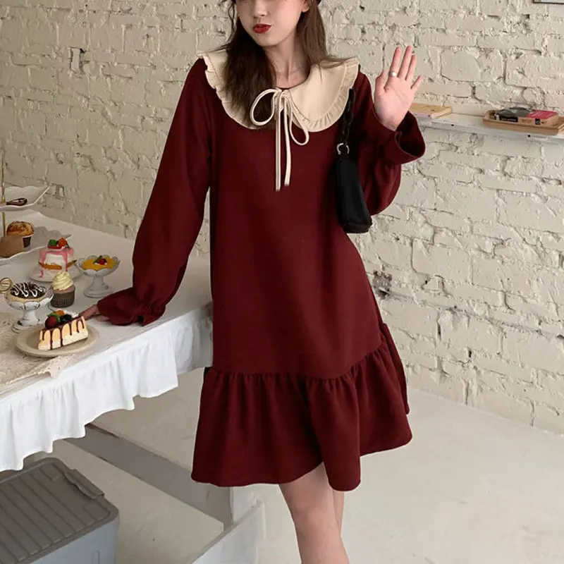 

Stylish Drawstring Doll Collar Dresses Autumn Winter Sweet Loose Female Clothing French Style Vintage Solid Color Midi Dress New