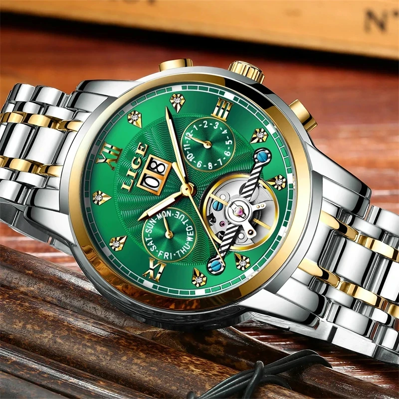 LIGE New Fashion Automatic Watch Men Sport Military Waterproof Watches for Men Casual Business Tourbillon Mechanical Wristwatch