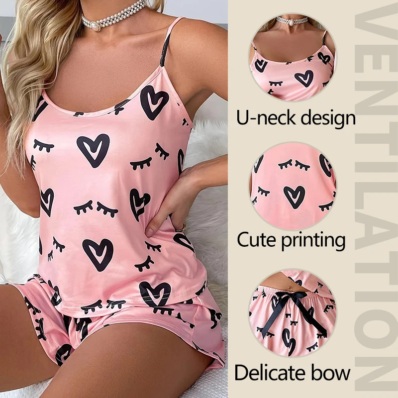 2 PCS Women Pajamas Sleepwear Pajama Set Short-Sleeved Shorts Suit M L Pink Love Print Ventilate Casual Homewear Summer