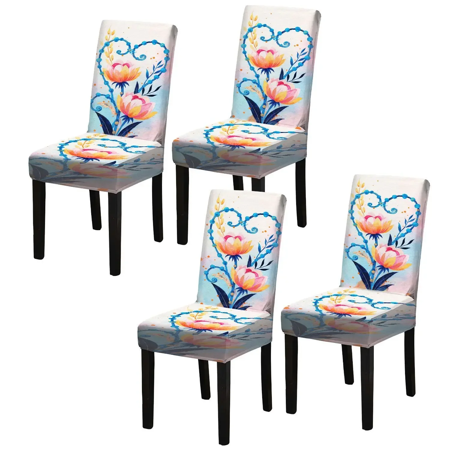 Elastic dining chair cover, removable and washable home decoration chair cover, watercolor lotus love printing pattern