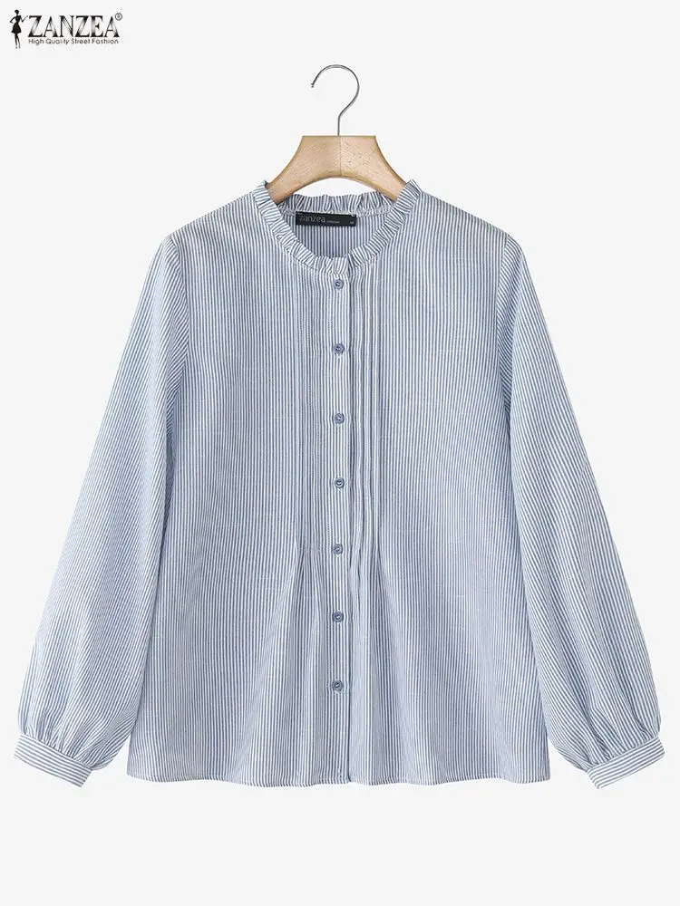 ZANZEA Damskie koszule w paski z marszczeniami, jesień 2025, codzienne bluzki z falbankami, dekolt okrągły, rękawy typu lampion, zapinane na guziki, odzież damska, rozmiary S-3XL