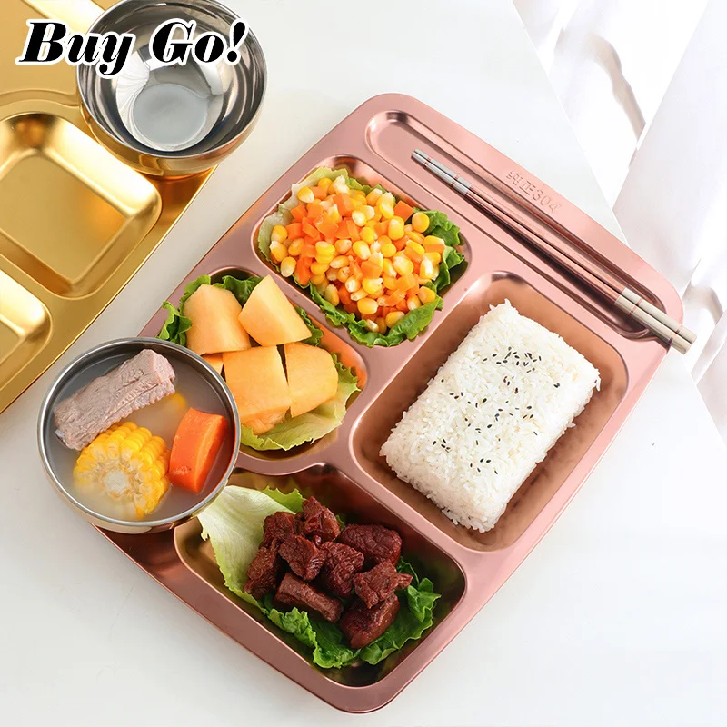 6 Sections Stainless Steel Fast Food Divided Tray Lunch Container Food Dinner Snack Plate With Spoon Chopsticks for Kids School