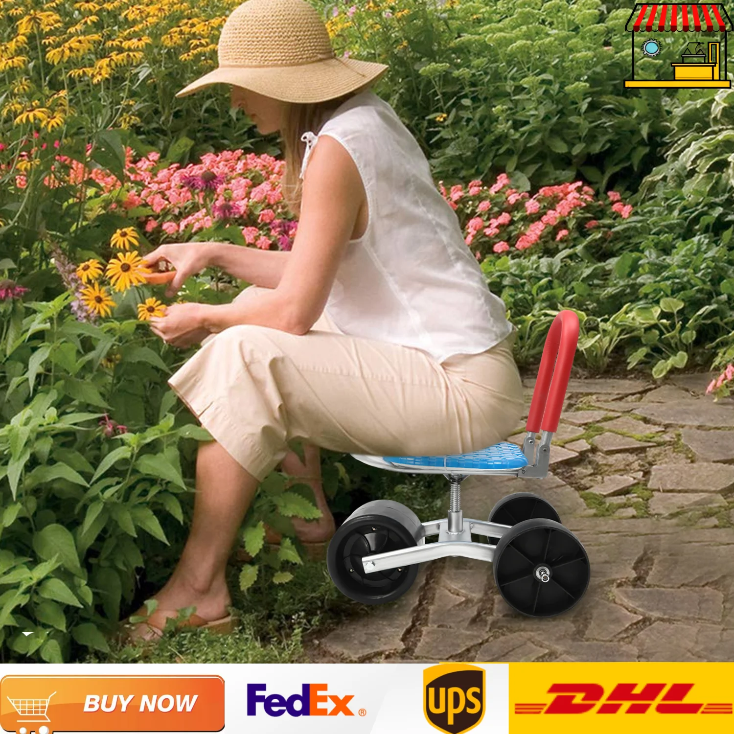 Rotating Garden Cart Rolling Stool Gardening Seat With Wheels Seat Adjustable Garden Workseat