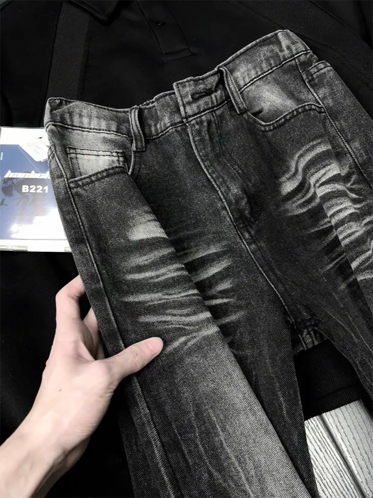 Black Washed Denim Jeans Men's Loose Straight Leg Long Pants Lightning Pattern Casual Wear Resistant Youth Fashion High Street