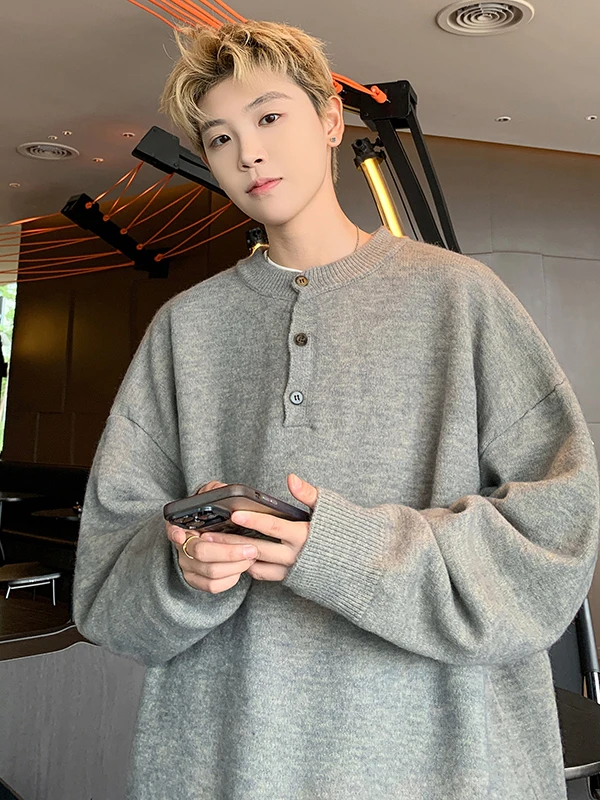 Loose Fit Long Sve Knitted Sweater Henry Collar round Ne Men's Sle Comfortable Casual Wear for Autumn And Winter