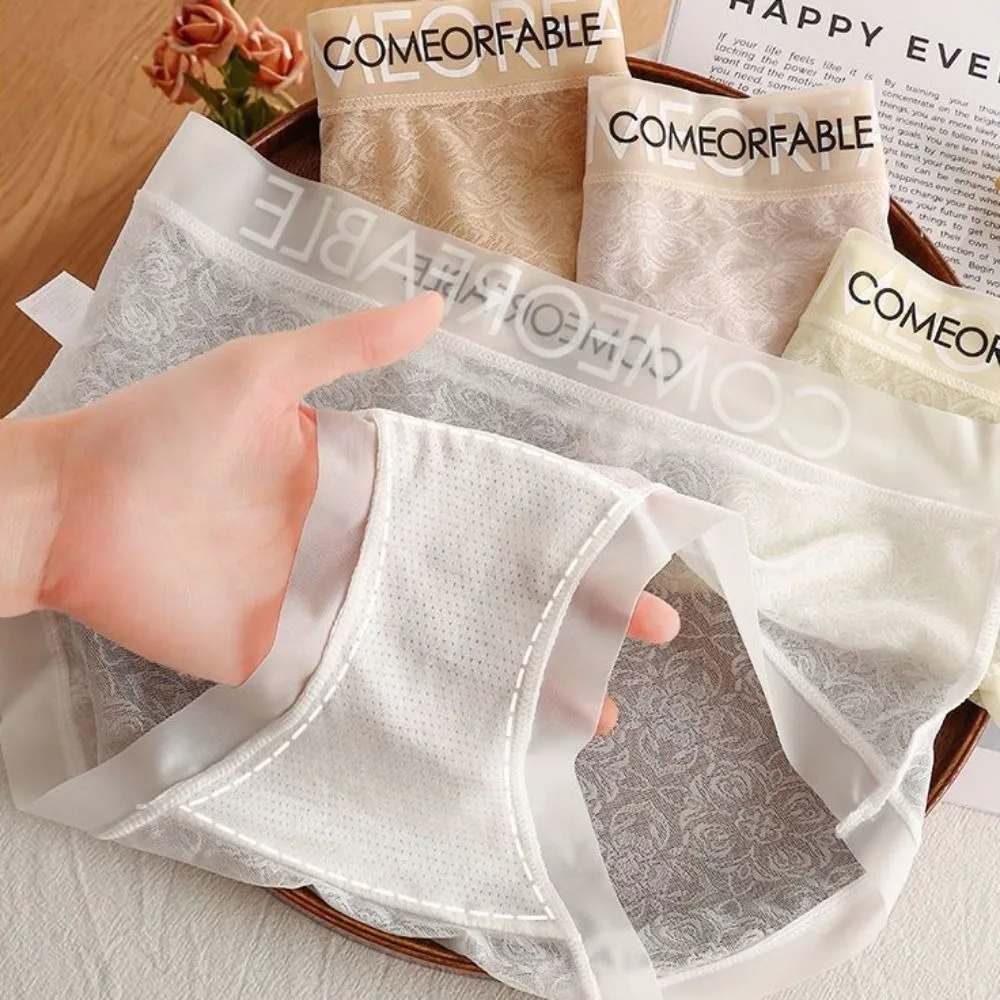 

4Pcs Ultra-thin Lace Flower Briefs Transparent Cotton Crotch Mesh Seamless Panties Mid Waist Underpants Underwear for Women Girl